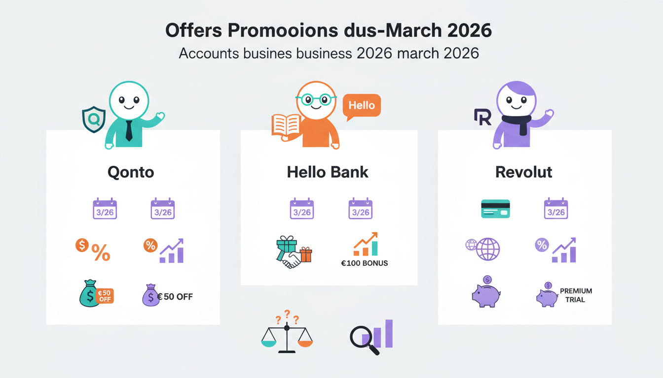 découvrez notre analyse complète des promotions de mars 2026 pour les comptes professionnels chez qonto, hello bank et revolut. comparez les offres exclusives et profitez des meilleures conditions pour votre entreprise.