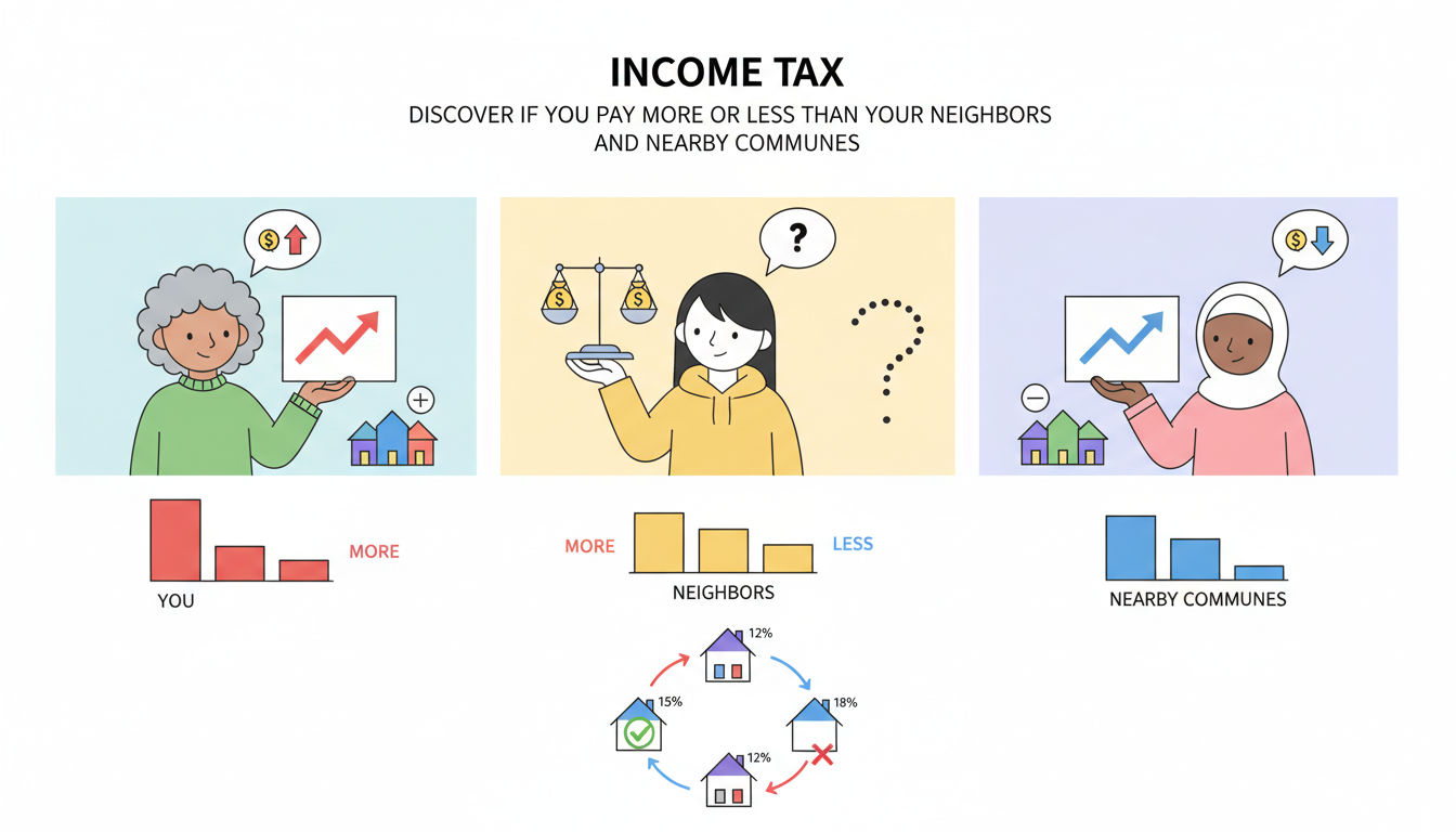 découvrez comment votre impôt sur le revenu se compare à celui de vos voisins et des communes proches, et voyez si vous payez plus ou moins que les autres contribuables de votre région.